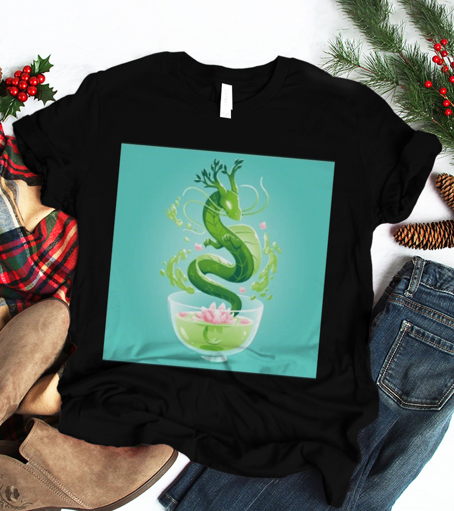 Green Tea Dragon In Teacup With Blossoms And Leaves T-Shirt