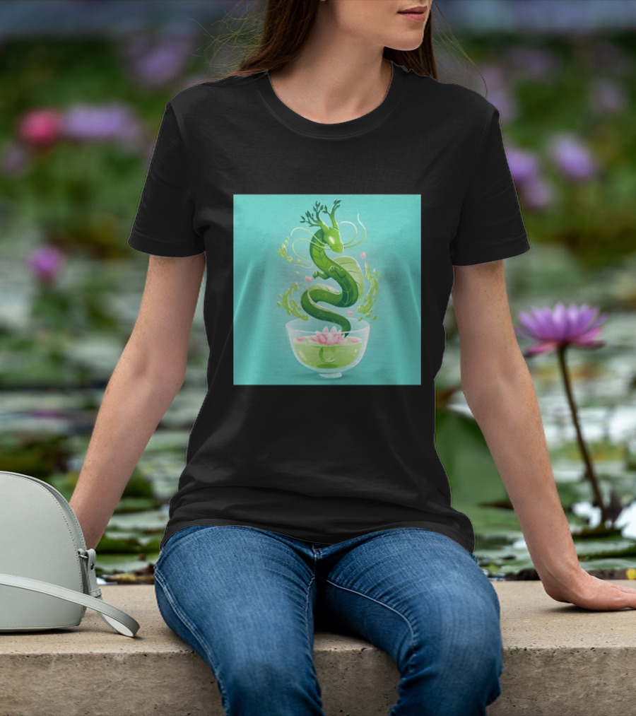 Green Tea Dragon In Teacup With Blossoms And Leaves T-Shirt