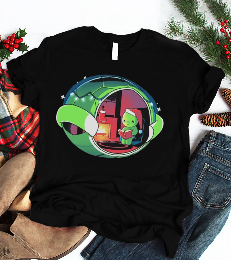 Christmas Turtle Cozy Holiday Scene With Santa Hat And Fireplace T-Shirt