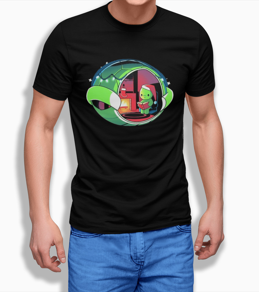 Christmas Turtle Cozy Holiday Scene With Santa Hat And Fireplace T-Shirt