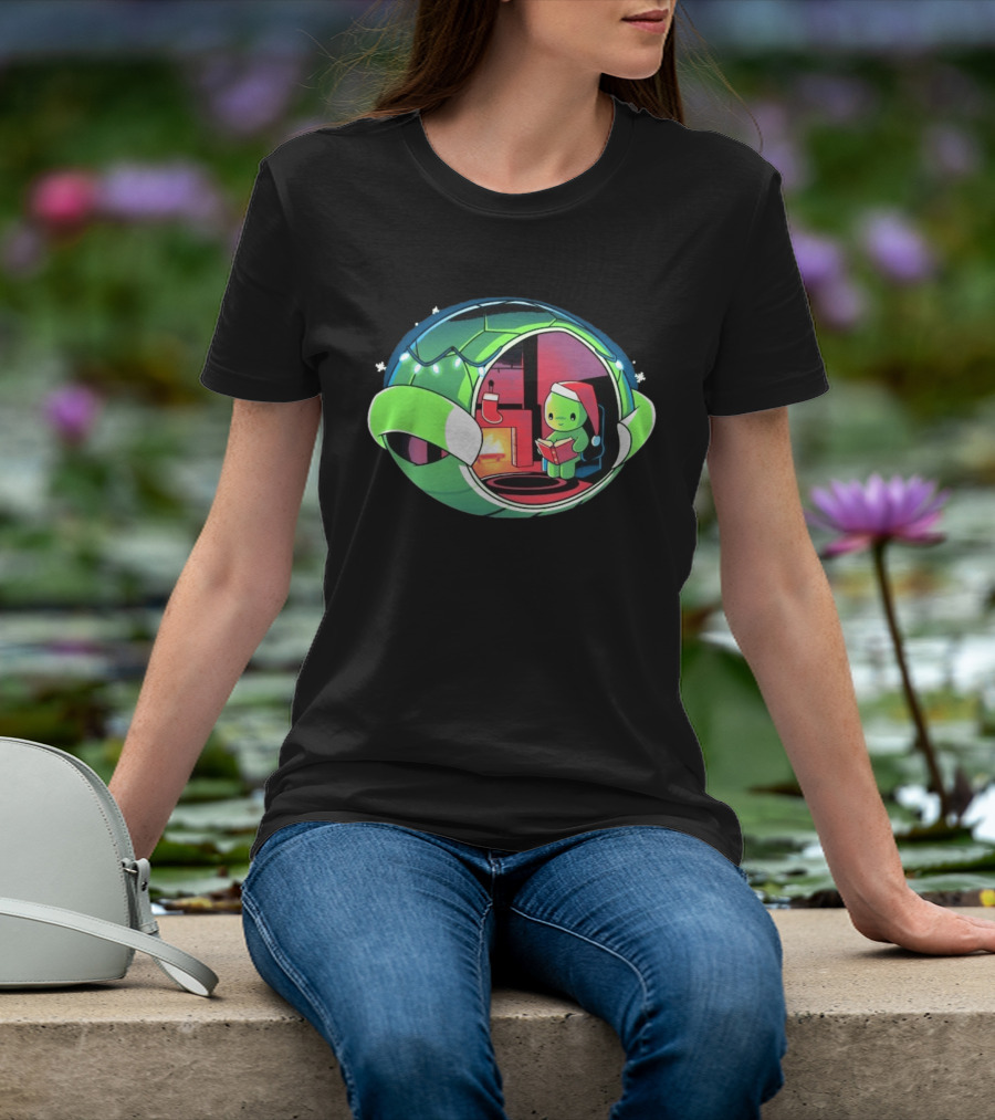 Christmas Turtle Cozy Holiday Scene With Santa Hat And Fireplace T-Shirt
