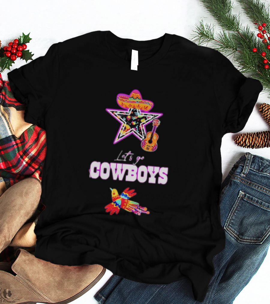 Let's Go Cowboys Mexican Folk Sombrero Star Guitar Bird T-Shirt