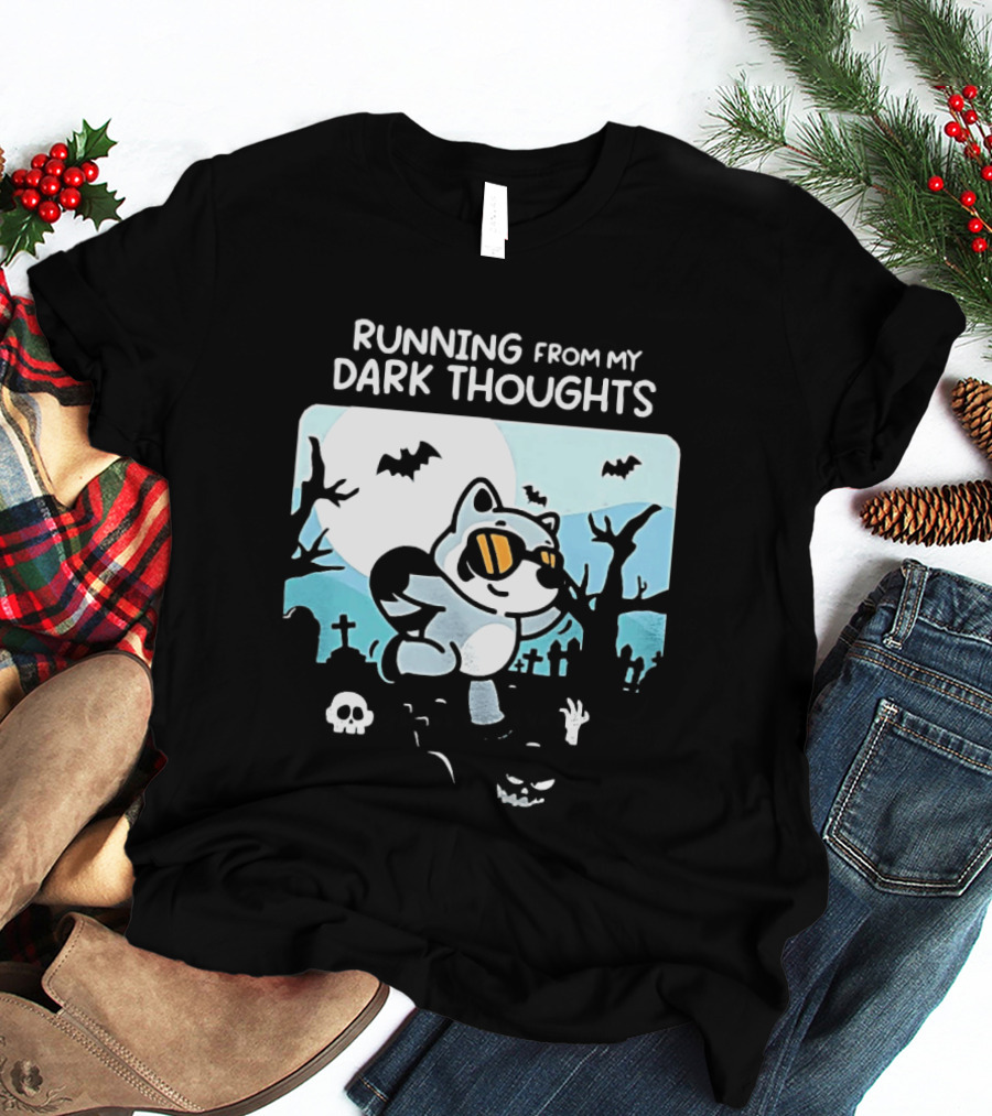 Raccoon Running From My Dark Thoughts Moonlight Bats And Graveyard Scene T-Shirt