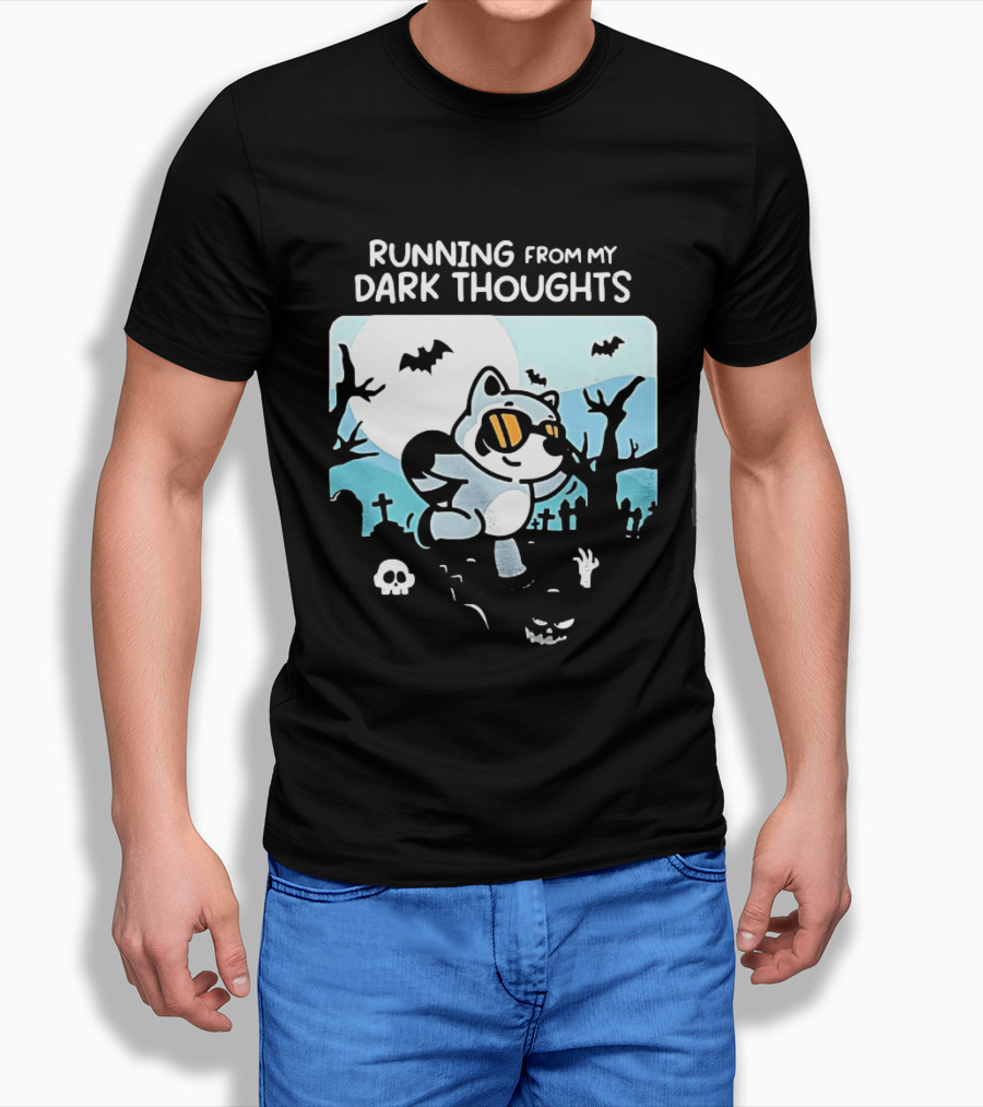 Raccoon Running From My Dark Thoughts Moonlight Bats And Graveyard Scene T-Shirt