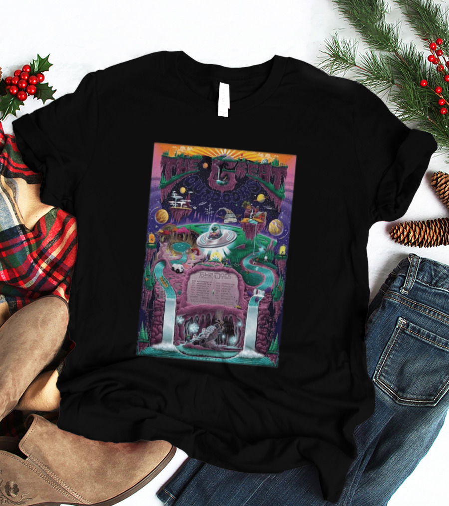 The Great Outdoors Fall Tour 2026 Cosmic Adventure Spaceships Waterfalls Planets T-Shirt