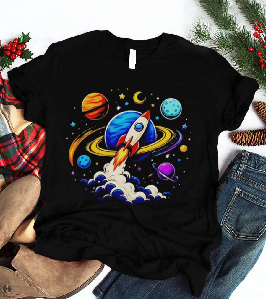 Space Rocket Launch With Vibrant Orbiting Planets And Stars T-Shirt