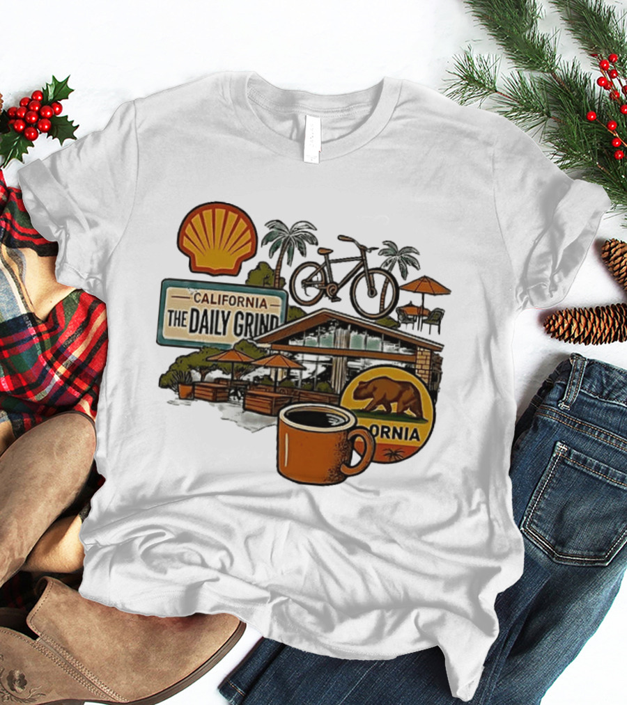 California The Daily Grind Shell Coffee Bear Bike Palms T-Shirt