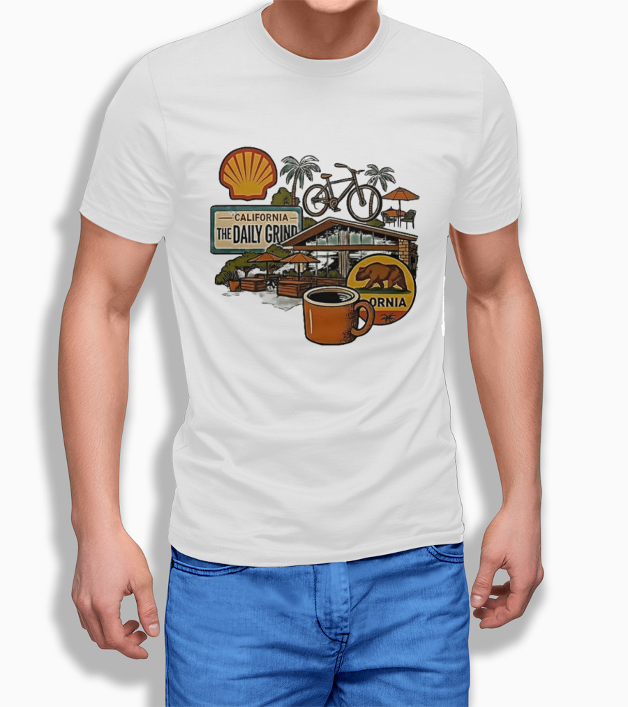 California The Daily Grind Shell Coffee Bear Bike Palms T-Shirt