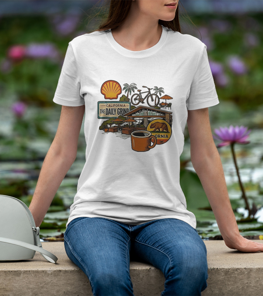 California The Daily Grind Shell Coffee Bear Bike Palms T-Shirt