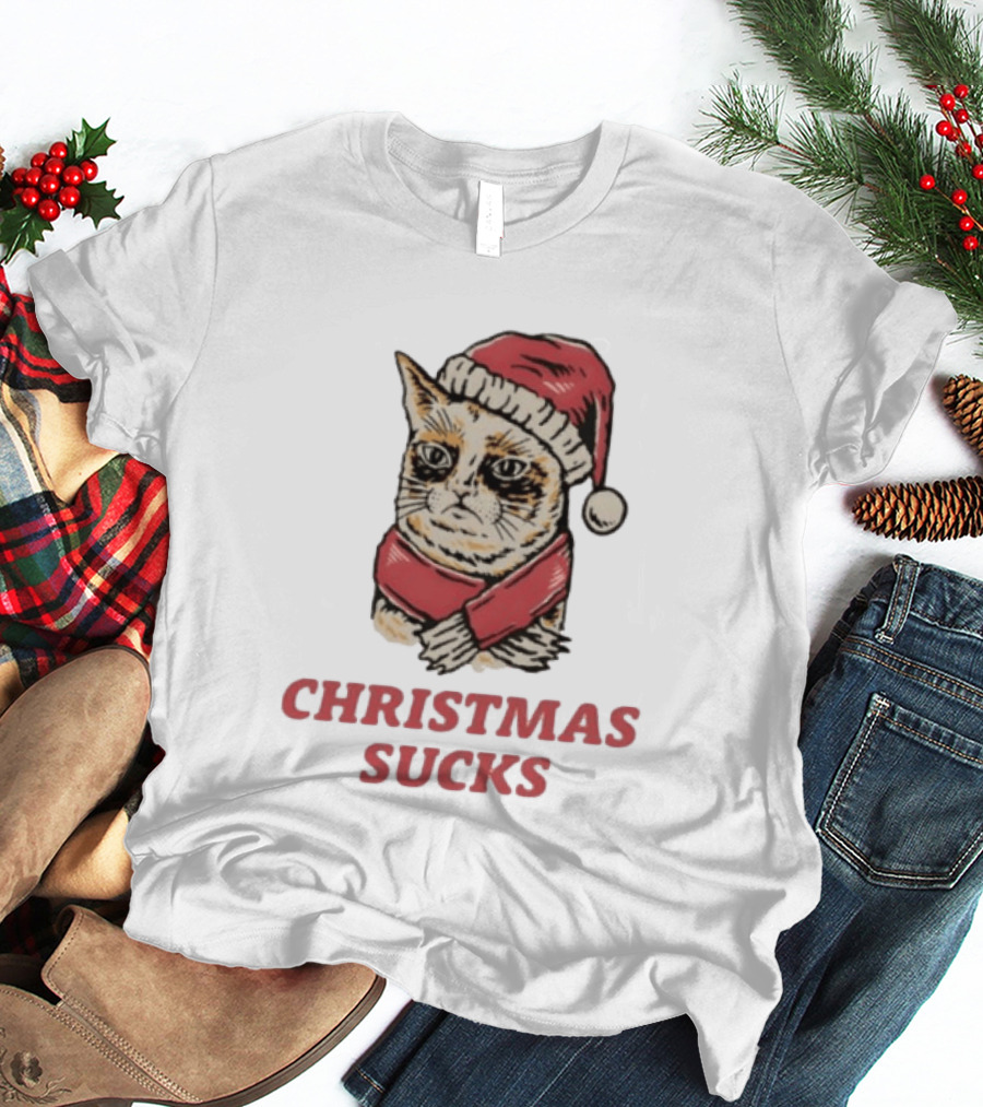 Cat Santa Hat Christmas Sucks Grumpy Humor T-Shirt