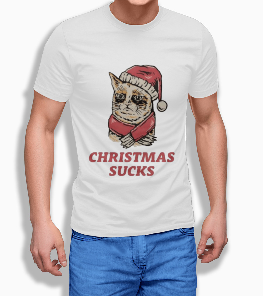 Cat Santa Hat Christmas Sucks Grumpy Humor T-Shirt