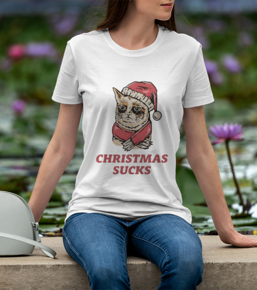 Cat Santa Hat Christmas Sucks Grumpy Humor T-Shirt