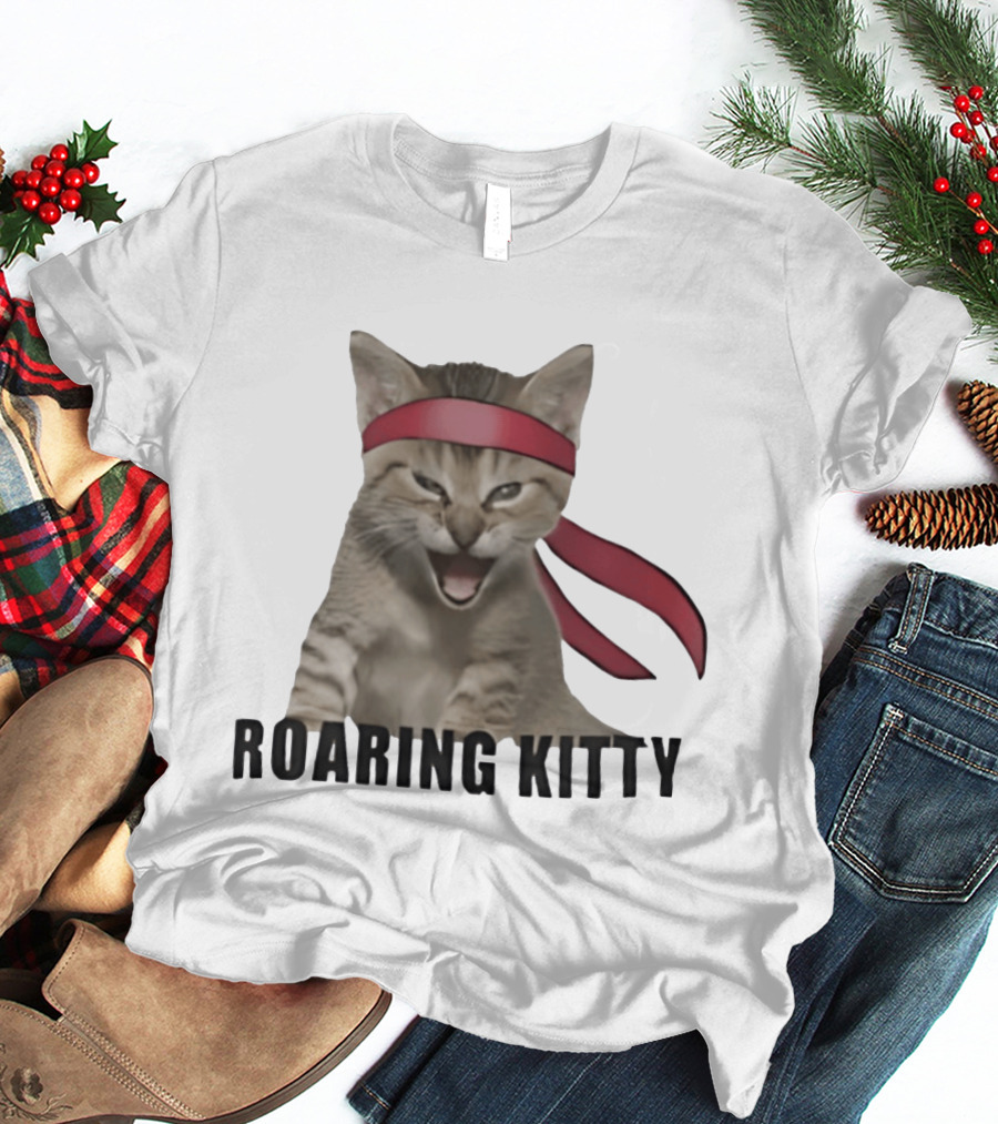 Roaring Kitty Kitten In Red Headband Stock Market Meme T-Shirt