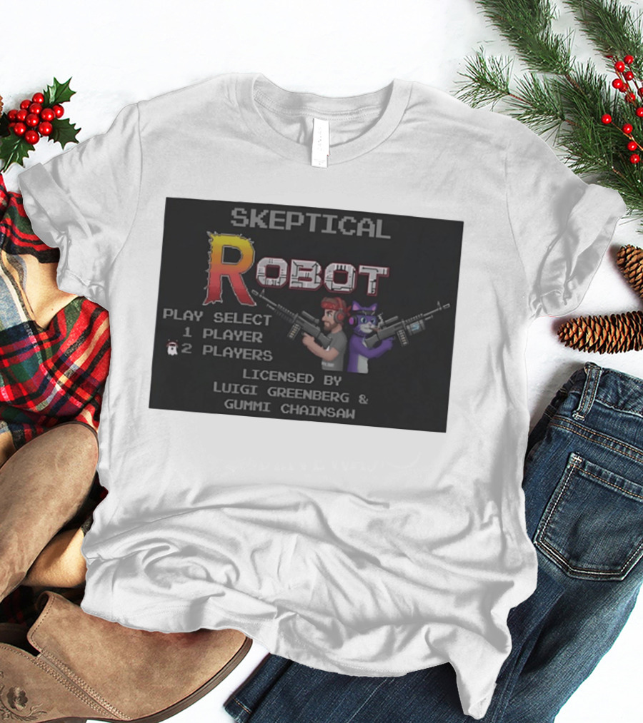 Skeptical Robot Play Select Luigi Greenberg Gummi Chainsaw T-Shirt