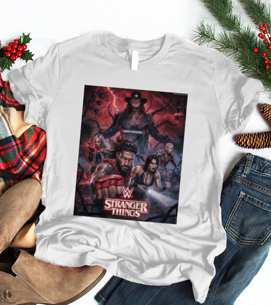 WWE And Stranger Things Crossover With The Undertaker, Roman Reigns, Cody Rhodes, Rhea Ripley, And Liv Morgan T-Shirt
