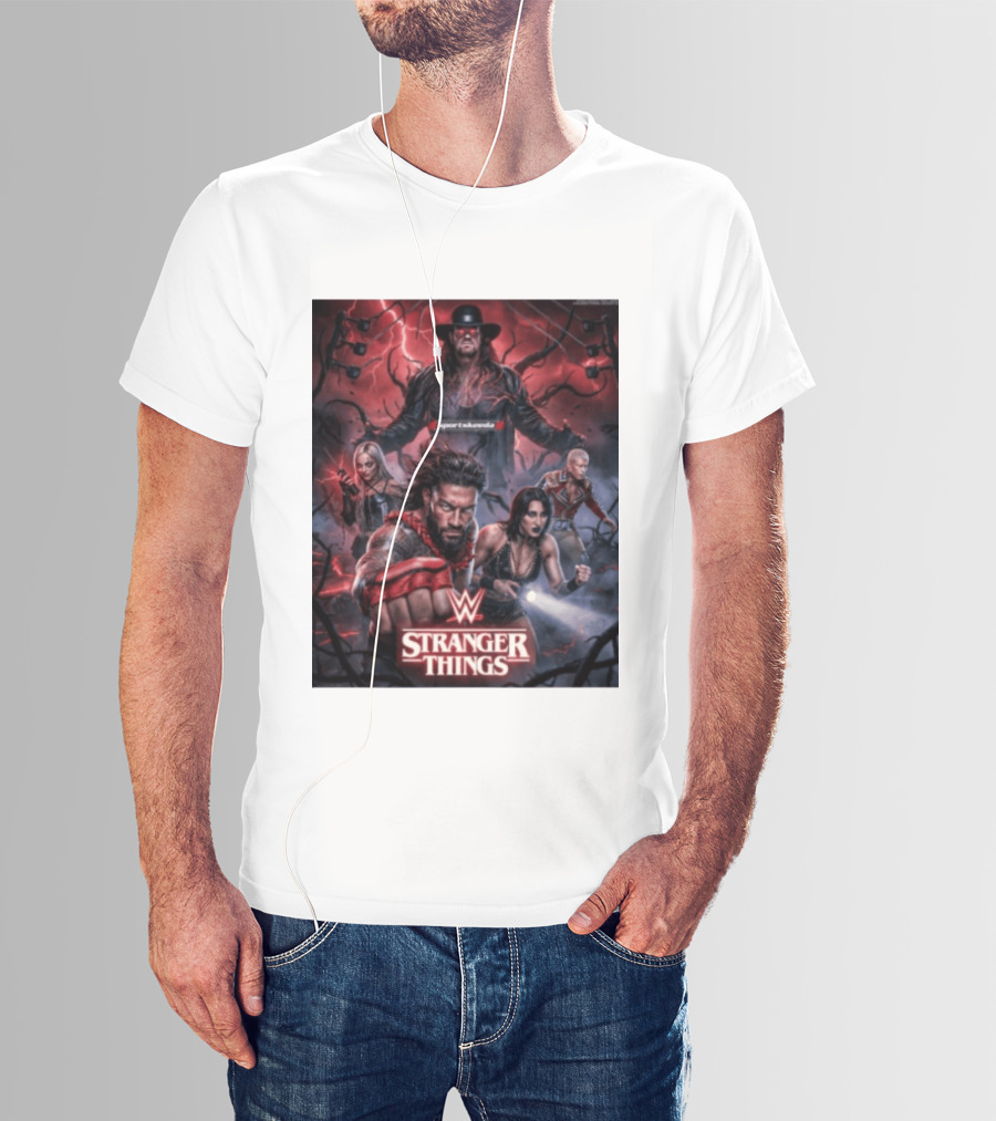 WWE And Stranger Things Crossover With The Undertaker, Roman Reigns, Cody Rhodes, Rhea Ripley, And Liv Morgan T-Shirt
