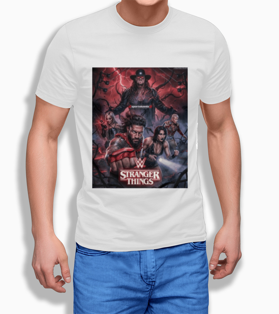WWE And Stranger Things Crossover With The Undertaker, Roman Reigns, Cody Rhodes, Rhea Ripley, And Liv Morgan T-Shirt