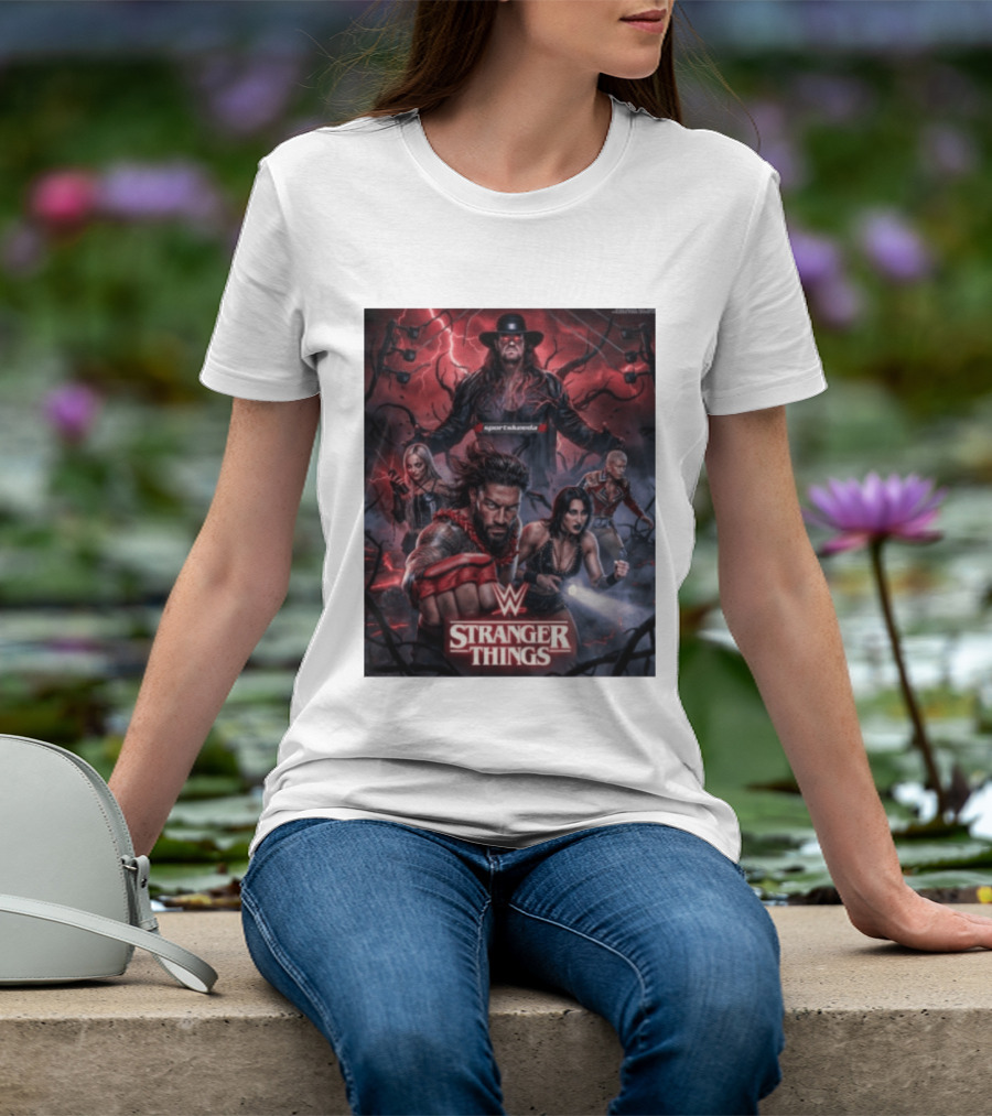 WWE And Stranger Things Crossover With The Undertaker, Roman Reigns, Cody Rhodes, Rhea Ripley, And Liv Morgan T-Shirt