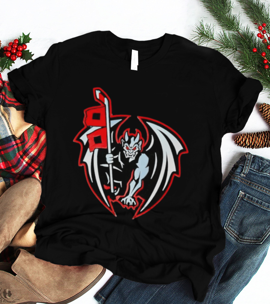 Greensboro Gargoyles Hockey Team Winged Gargoyle Holding Hockey Stick With Red Flag T-Shirt