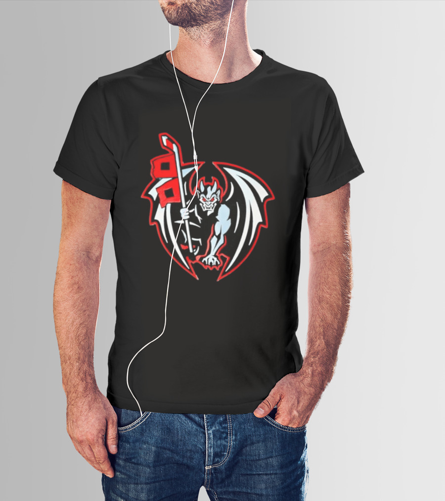 Greensboro Gargoyles Hockey Team Winged Gargoyle Holding Hockey Stick With Red Flag T-Shirt