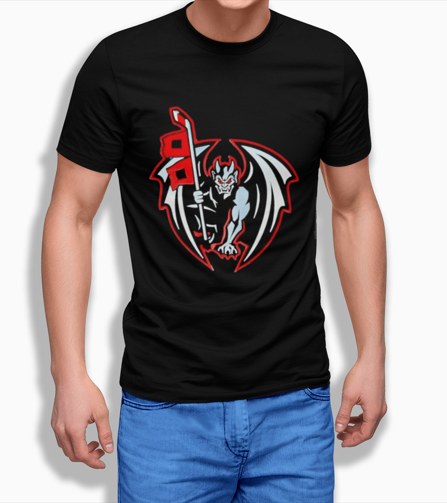 Greensboro Gargoyles Hockey Team Winged Gargoyle Holding Hockey Stick With Red Flag T-Shirt