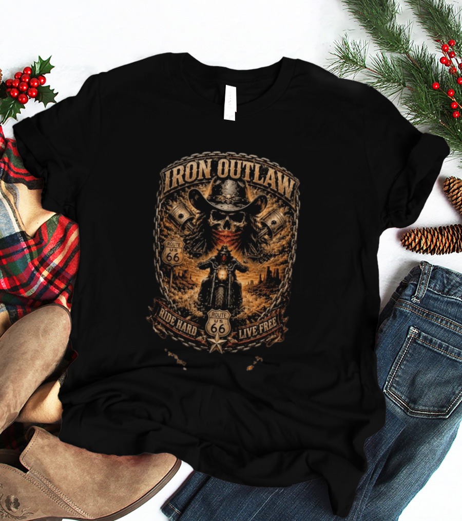 Iron Outlaw Cowboy Skull Motorcycle Route 66 Ride Hard Live Free T-Shirt