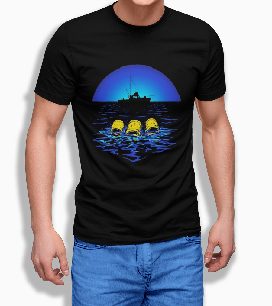 Jaws Orca Boat With Yellow Barrels Steven Spielberg Retro Ocean Scene T-Shirt