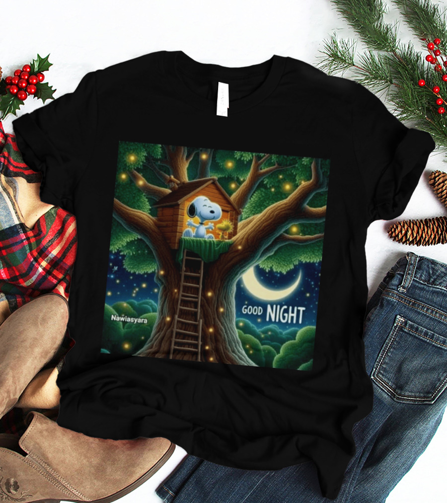Leave A Heart If You Love Snoopy Good Night Treehouse Moonlit Scene T-Shirt