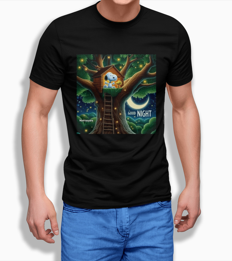 Leave A Heart If You Love Snoopy Good Night Treehouse Moonlit Scene T-Shirt