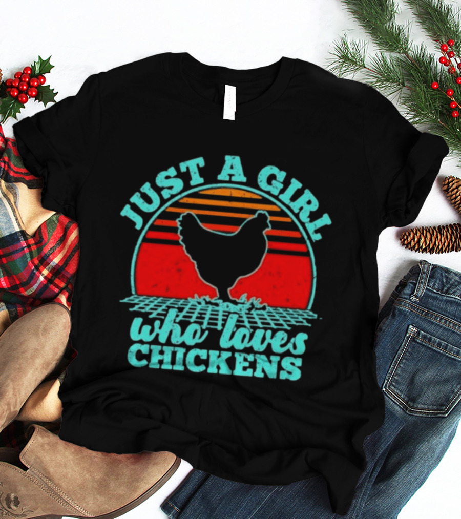 Just A Girl Who Loves Chickens Retro Sunset T-Shirt