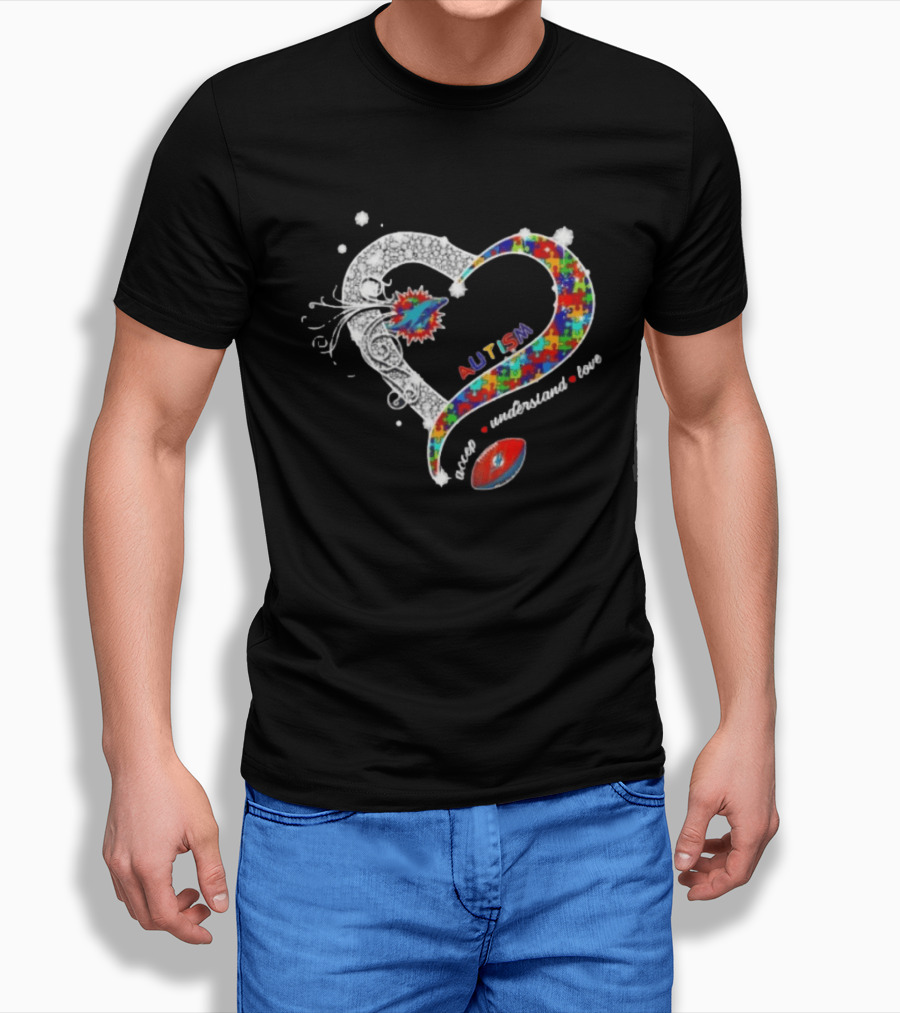 Miami Dolphins Autism Accept Understand Love Heart Diamond Puzzle T-Shirt