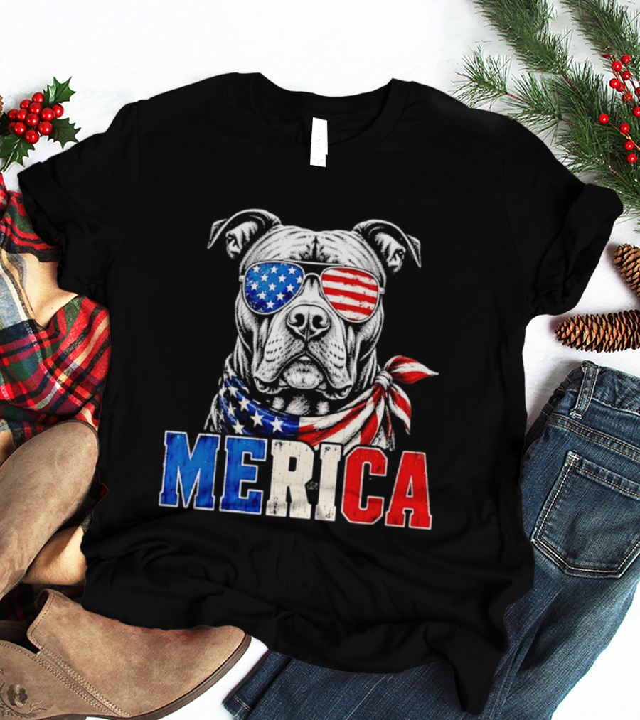 Patriotic Pit Bull Merica Dog With American Flag Sunglasses And Bandana T-Shirt