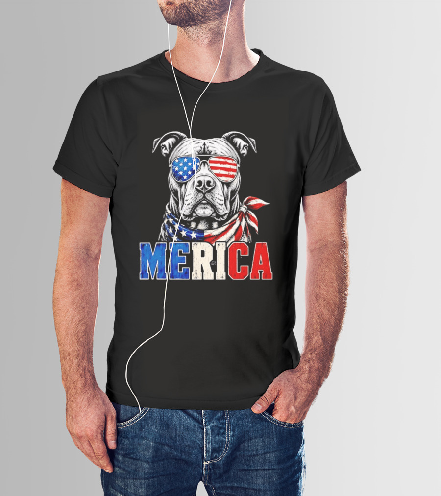 Patriotic Pit Bull Merica Dog With American Flag Sunglasses And Bandana T-Shirt