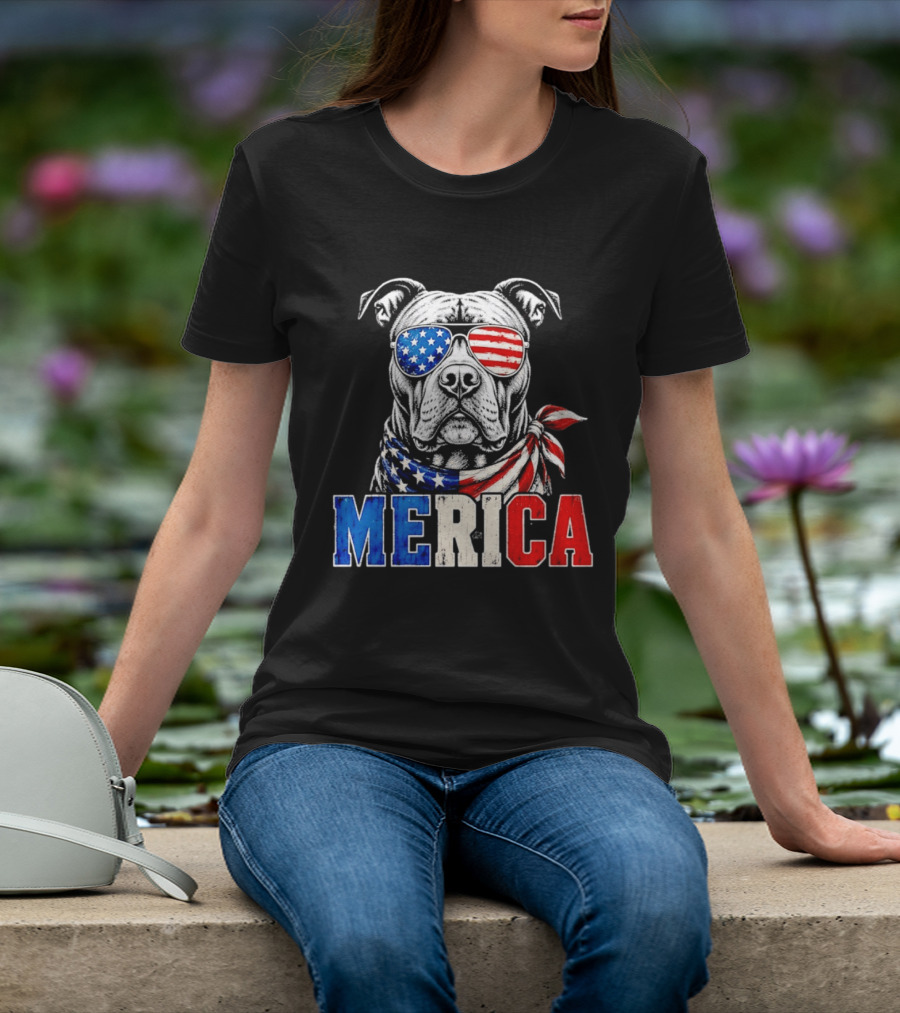 Patriotic Pit Bull Merica Dog With American Flag Sunglasses And Bandana T-Shirt