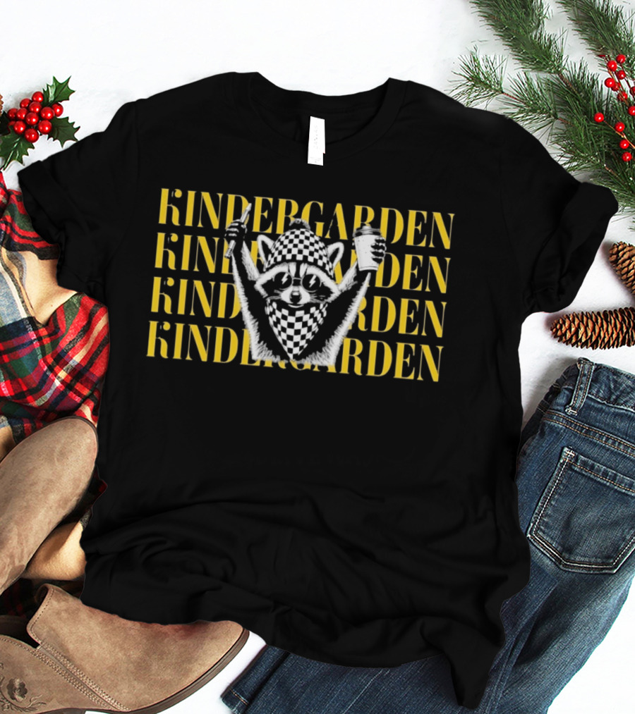 Kindergarden Raccoon With Coffee And Pencil T-Shirt