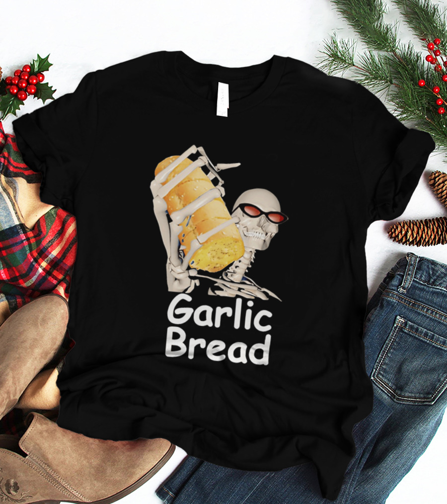 Skeleton Holding Baguette Garlic Bread Wearing Sunglasses T-Shirt
