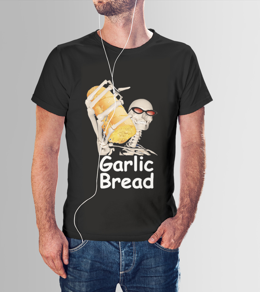 Skeleton Holding Baguette Garlic Bread Wearing Sunglasses T-Shirt
