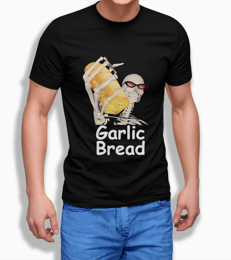 Skeleton Holding Baguette Garlic Bread Wearing Sunglasses T-Shirt