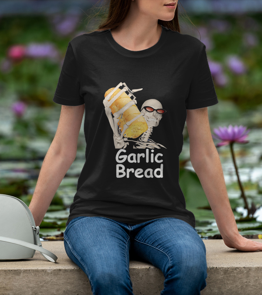 Skeleton Holding Baguette Garlic Bread Wearing Sunglasses T-Shirt