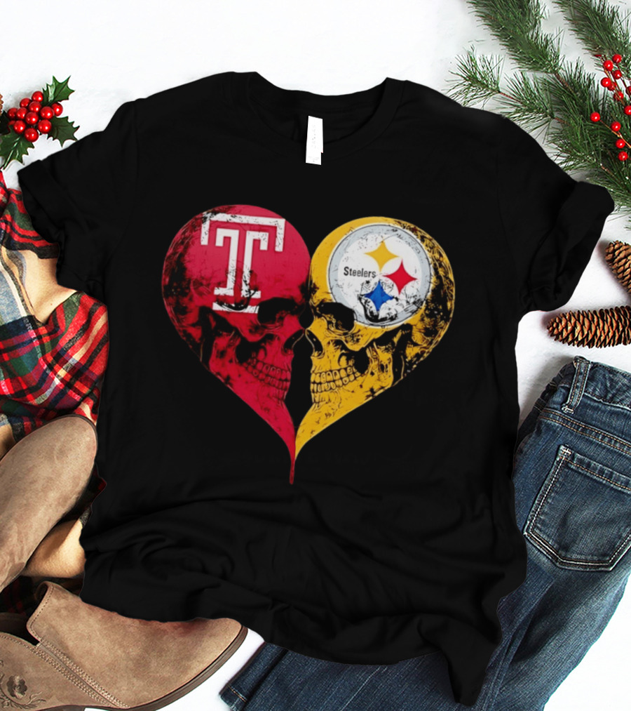 Temple Owls Pittsburgh Steelers Skulls Heart Shape Distressed T-Shirt