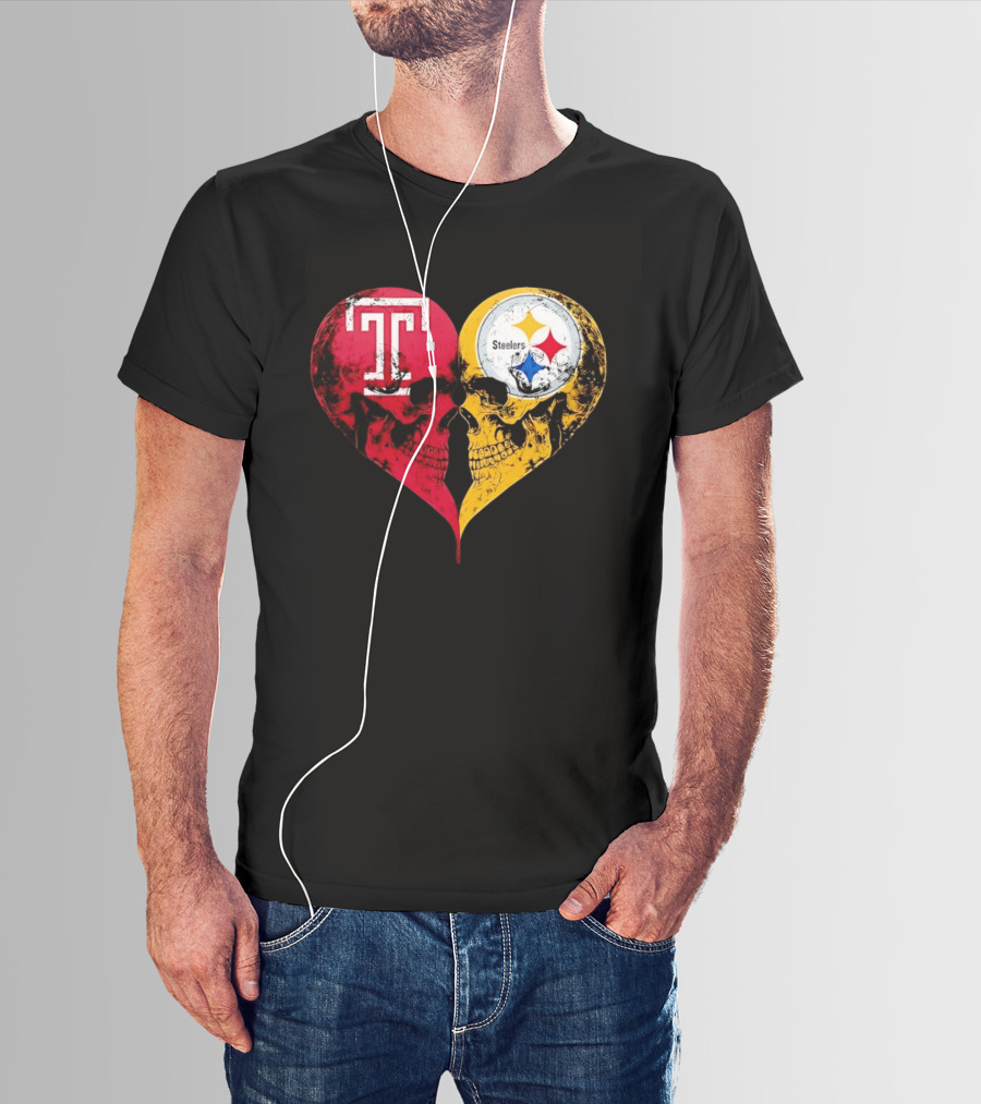 Temple Owls Pittsburgh Steelers Skulls Heart Shape Distressed T-Shirt