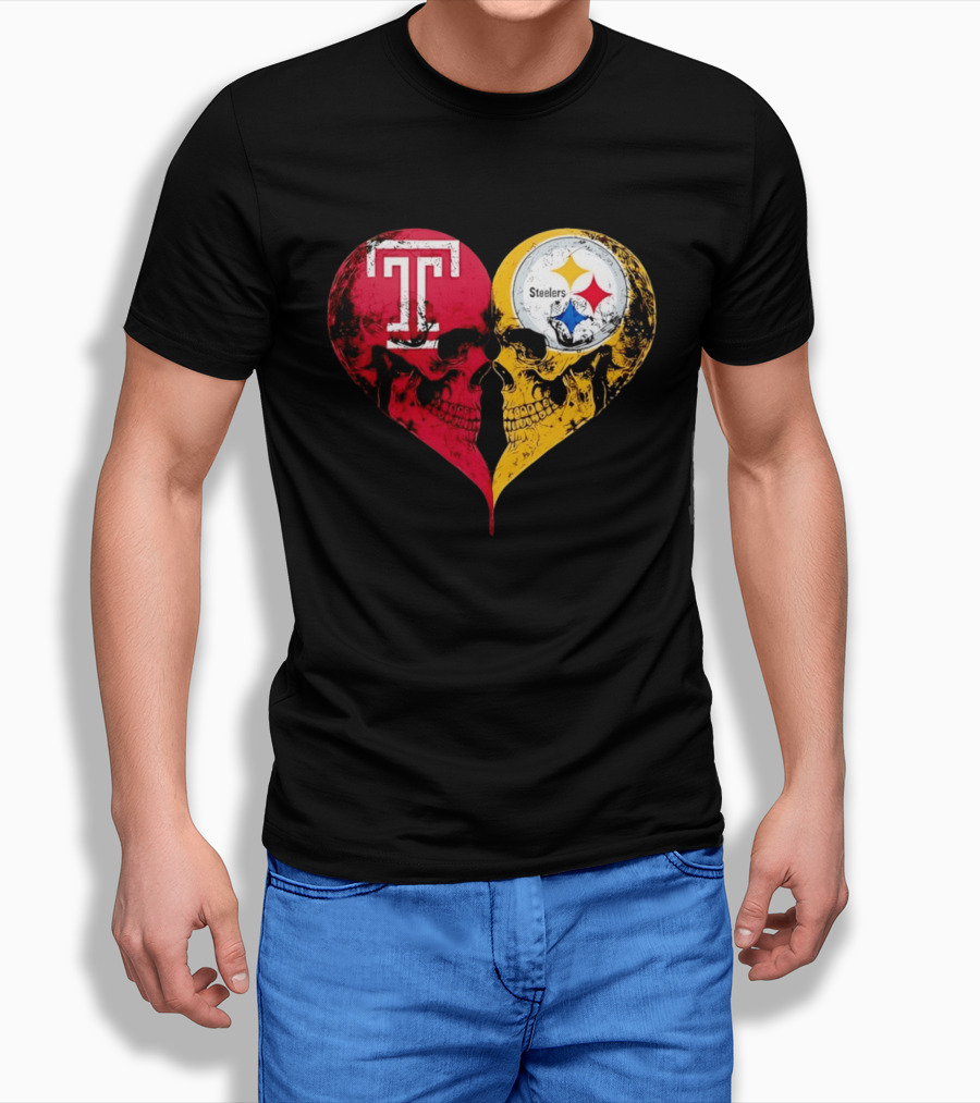 Temple Owls Pittsburgh Steelers Skulls Heart Shape Distressed T-Shirt