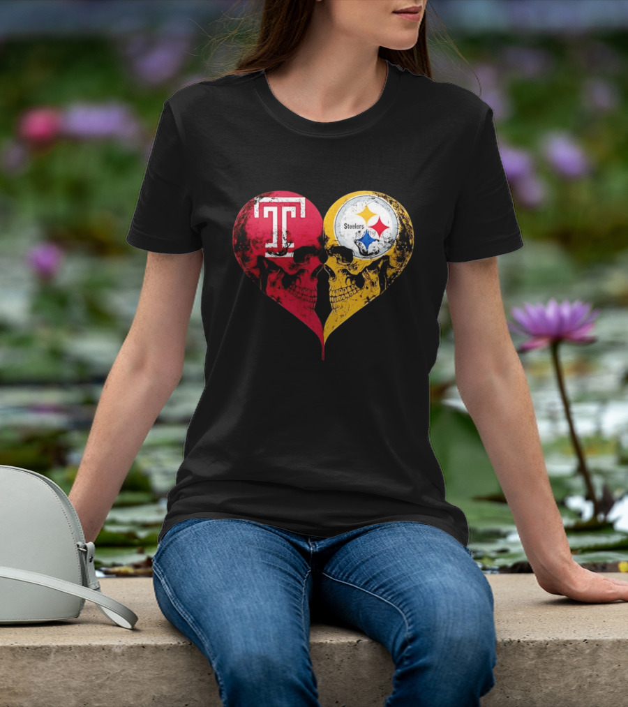 Temple Owls Pittsburgh Steelers Skulls Heart Shape Distressed T-Shirt