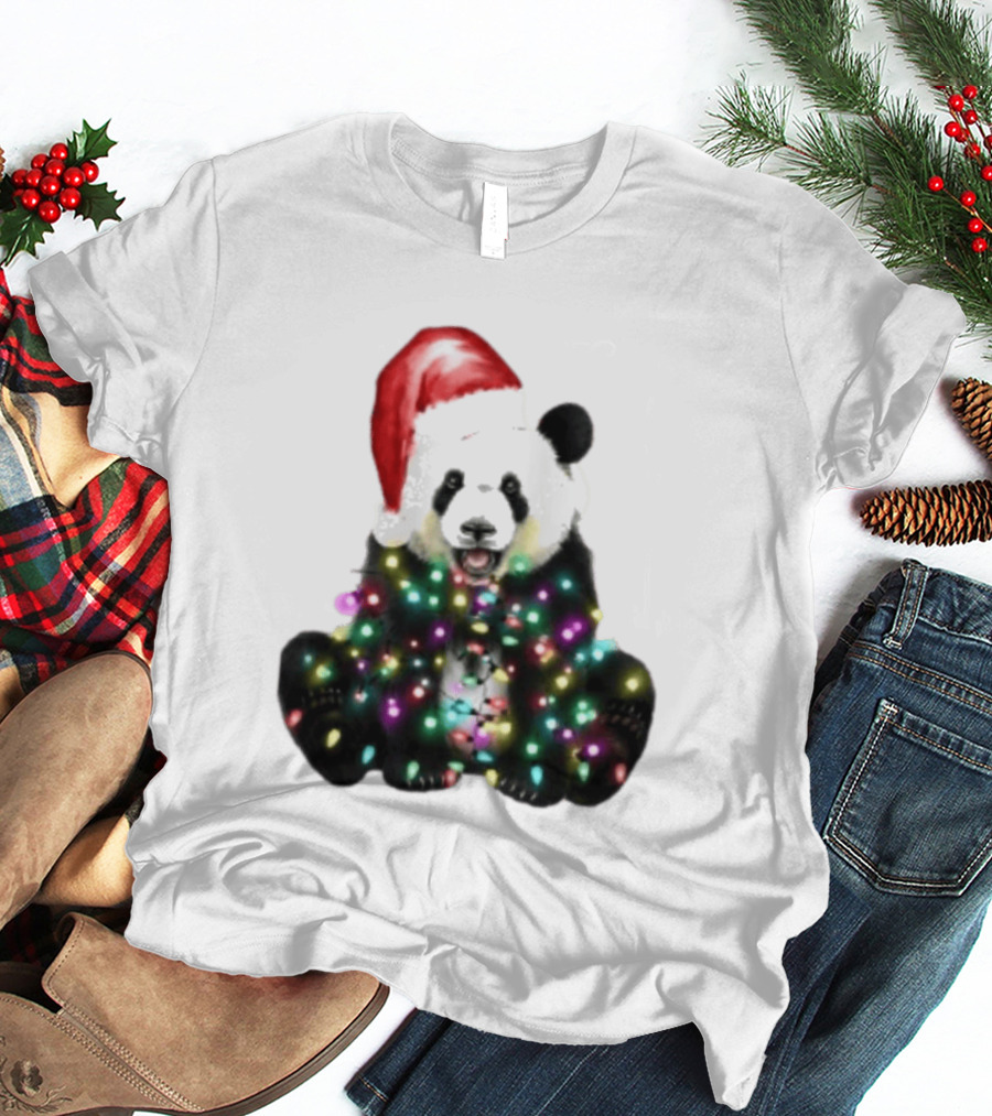 Panda With Christmas Lights And Santa Hat Holiday Animals T-Shirt