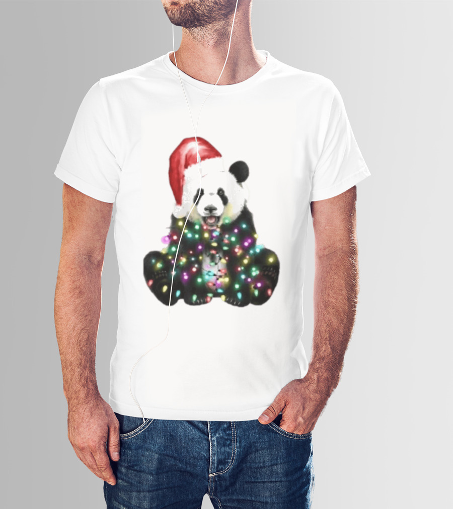 Panda With Christmas Lights And Santa Hat Holiday Animals T-Shirt