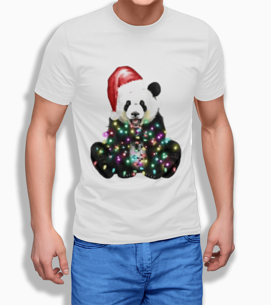 Panda With Christmas Lights And Santa Hat Holiday Animals T-Shirt