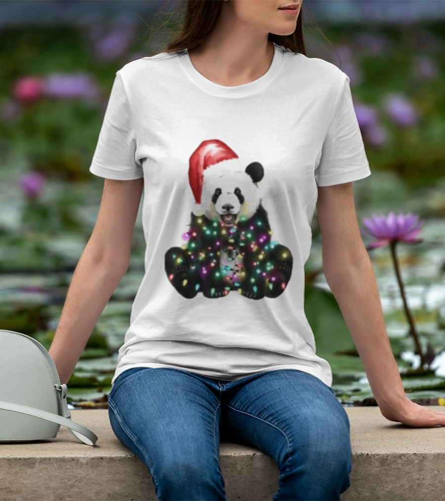 Panda With Christmas Lights And Santa Hat Holiday Animals T-Shirt