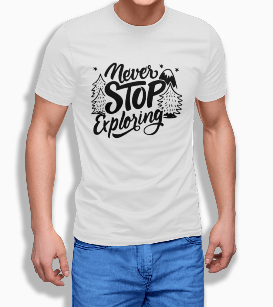 Never Stop Exploring Pine Trees Snowy Mountain Peak Stars T-Shirt