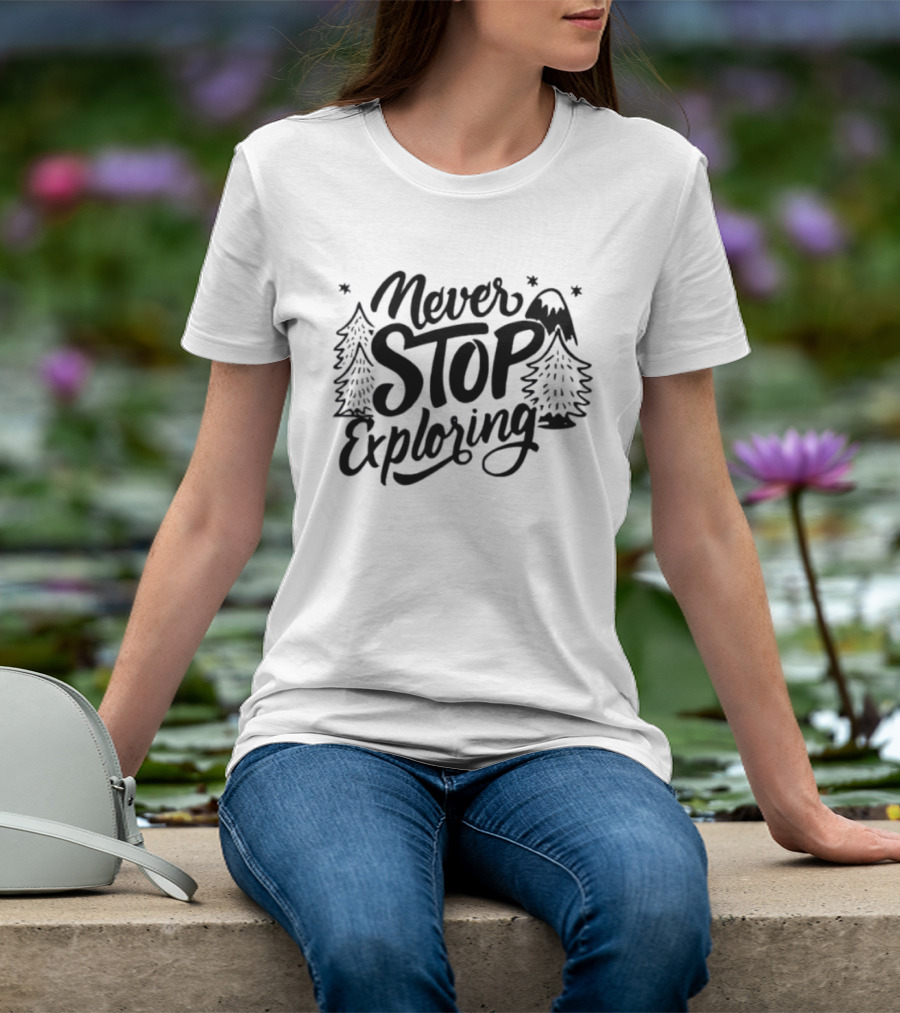 Never Stop Exploring Pine Trees Snowy Mountain Peak Stars T-Shirt