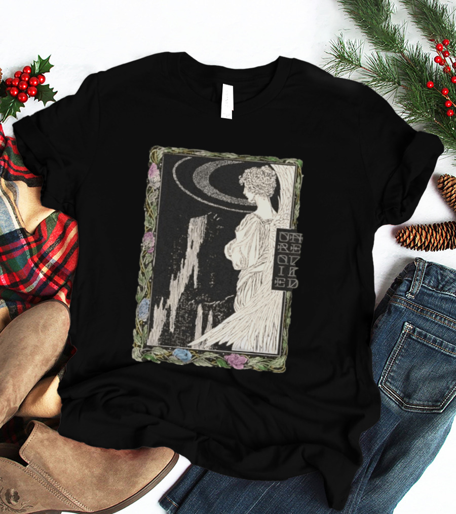Angel Nouveau Unraveled Floral Frame Illustrative Art Winged Celestial Figure T-Shirt